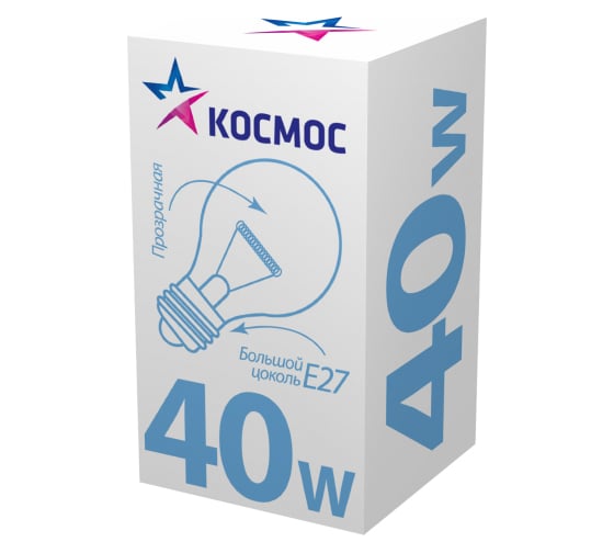 Прозрачная лампа накаливания КОСМОС Стандарт А55 ПР 40W E27 LKsmSt55CL40E27v2