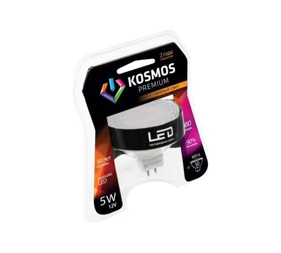 Светодиодная лампа КОСМОС premium LED MR16/ст. 5Вт 12В GU5.3 3000K KLED5wMR16GU5.312v27