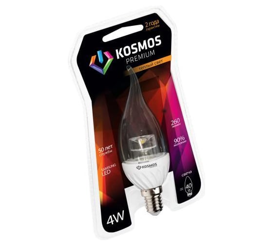 Светодиодная лампа КОСМОС premium LED 4Вт СВЕЧА НА ВЕТРУ ПРОЗРАЧНАЯ E14 230v 3000K KLED4wCW230vE1427CL 1