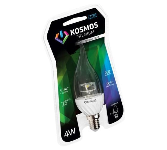 Светодиодная лампа КОСМОС premium LED 4Вт СВЕЧА НА ВЕТРУ ПРОЗРАЧНАЯ E14 230v 4500K KLED4wCW230vE1445CL 1