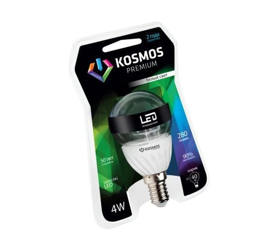Светодиодная лампа КОСМОС premium LED 4Вт ШАР ПРОЗРАЧНЫЙ 45мм E14 230v 4500K KLED4wGL45230vE1445C 1