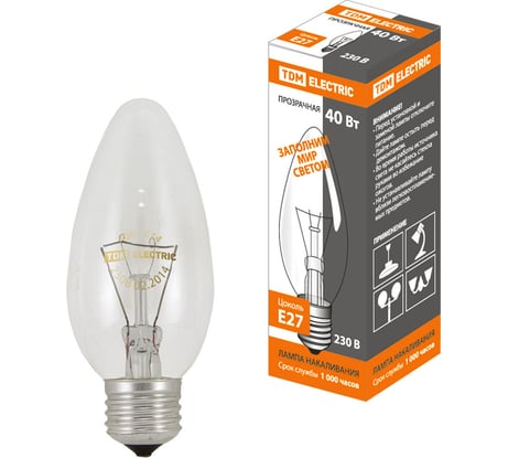 Лампа накаливания свеча прозрачная TDM ELECTRIC 40 Вт-230 В-Е27 SQ0332-0010