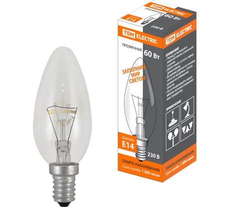 Лампа накаливания свеча прозрачная TDM 60 Вт-230 В-E14 SQ0332-0011