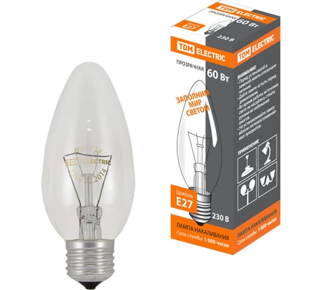 Лампа накаливания свеча прозрачная TDM ELECTRIC 60 Вт-230 В-Е27 SQ0332-0012