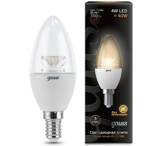 Светодиодная лампа LED E14 4W 2700К Gauss Candle Crystal Clear 103201104