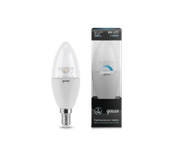 Диммируемая светодиодная лампа LED E14 6W 4100К Gauss Candle Crystal Clear 103201206-D