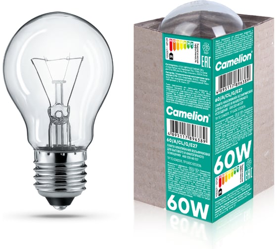 Лампа накаливания Camelion 60/A/CL/E27/G (с прозрачной колбой, ЛОН, ГОФРА, Б230-60-6) 15042