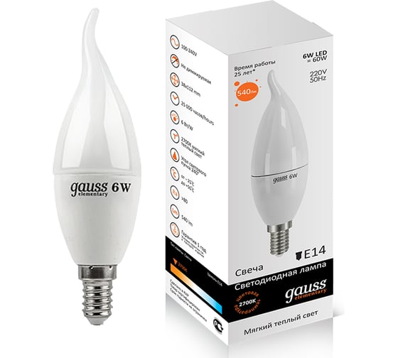 Светодиодная лампа Gauss LED Elementary Candle Tailed 6W E14 2700K LD34116