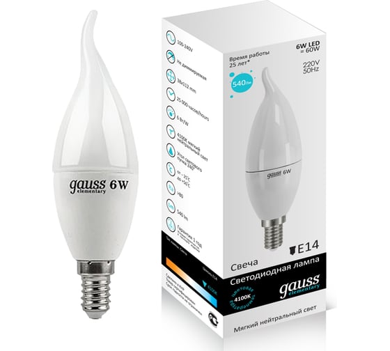 Светодиодная лампа Gauss LED Elementary Candle Tailed 6W E14 4100K LD34126