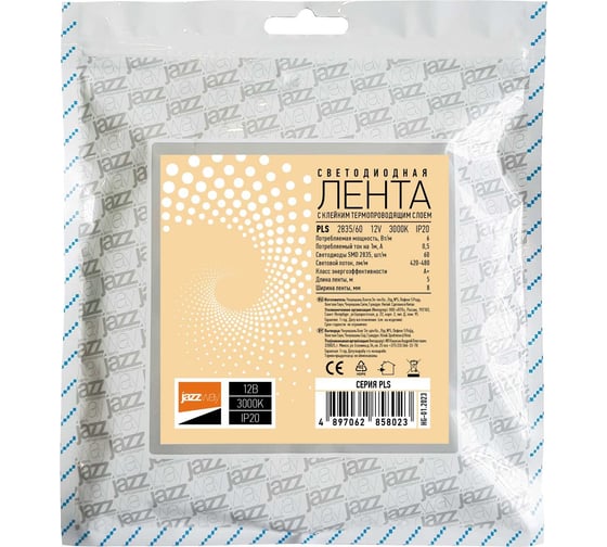 Светодиодная лента Jazzway  PLS 2835/60-12V 6Вт/м 3000К тепл. бел. IP20 (уп.5м) 2858023