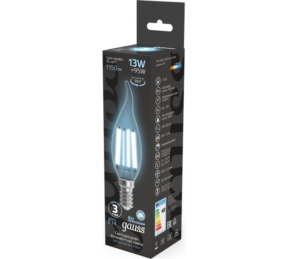 Светодиодная лампа Gauss Filament Свеча на ветру 13W 1150lm 4100К Е14 LED 104801213