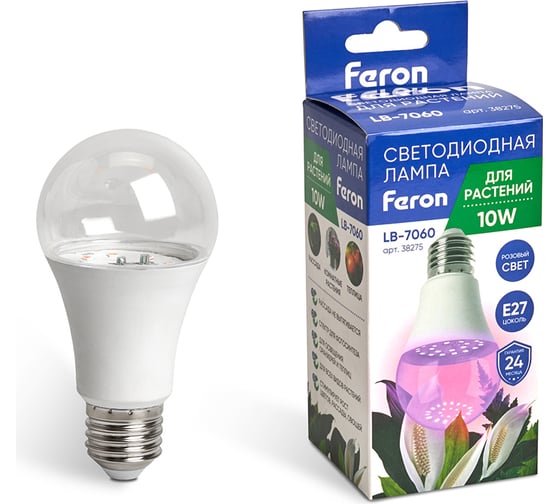 Светодиодная лампа для растений FERON А60 LB-7060 E27, 10W, красно-синий спектр 38275