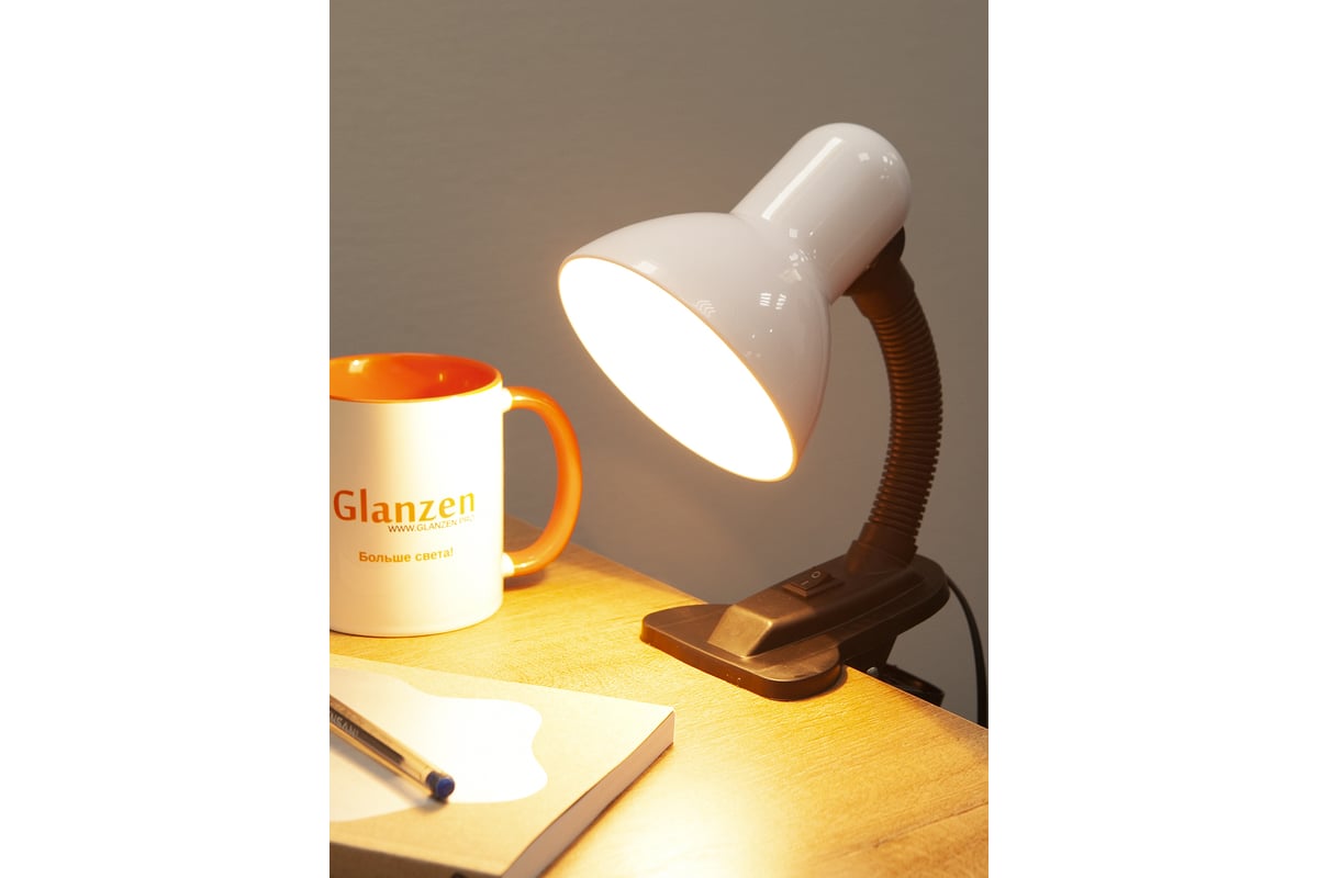 Настольный светильник GLANZEN Е27 на прищепке белый DL-0001-40-C-white ...