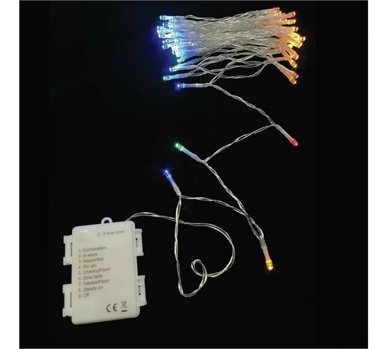 Уличная электрогирлянда Золотая сказка Нить, IP44, 60 LED, 6 м, многоцветная, батарейки, 591291