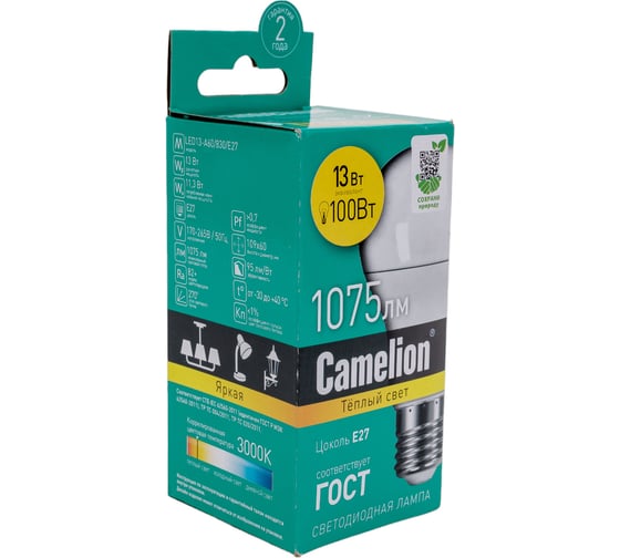 Светодиодная лампа 13Вт 220В Camelion LED13-A60/830/E27 12045