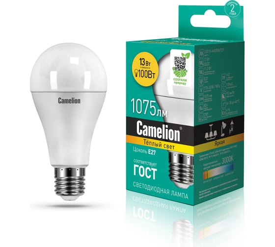 Светодиодная лампа 13Вт 220В Camelion LED13-A60/830/E27 12045 1