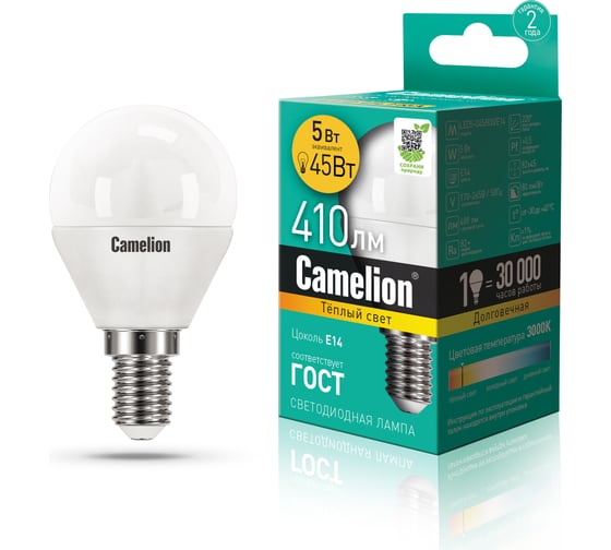 Светодиодная лампа 5Вт 220В Camelion LED5-G45/830/E14 12027 1
