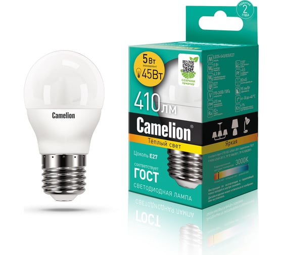 Светодиодная лампа 5Вт 220В Camelion LED5-G45/830/E27 12028 1