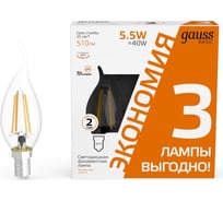Лампа Gauss basic filament свеча на ветру 5,5w 510lm 2700К Е14 led (3 лампы в упаковке) 1041116T