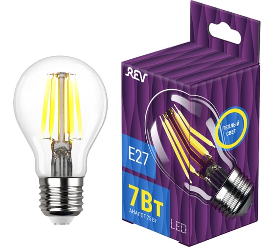 Светодиодная лампа LED Filament  A60 E27 7W 695Лм, 2700K, теплый свет REV 32353 2 1