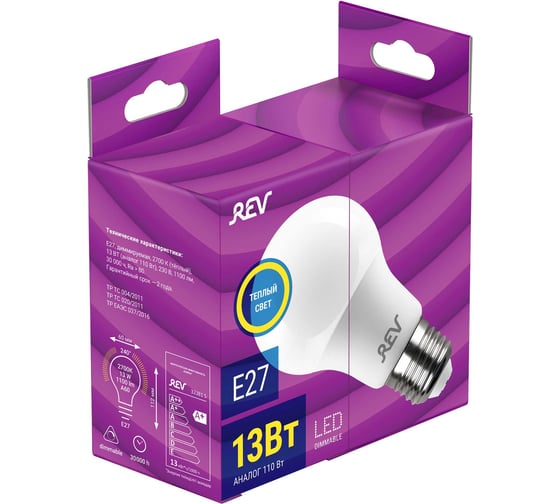 Светодиодная диммируемая лампа LED A60 Е27 13W 1100Лм, 2700K, теплый свет REV PREMIUM DIMMABLE 32381 5