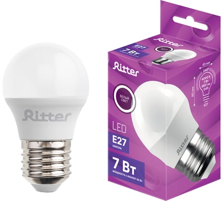 Лампа светодиодная RITTER LED G45 Е27 7W 560Лм, 4000K, холодный свет , 32343 3