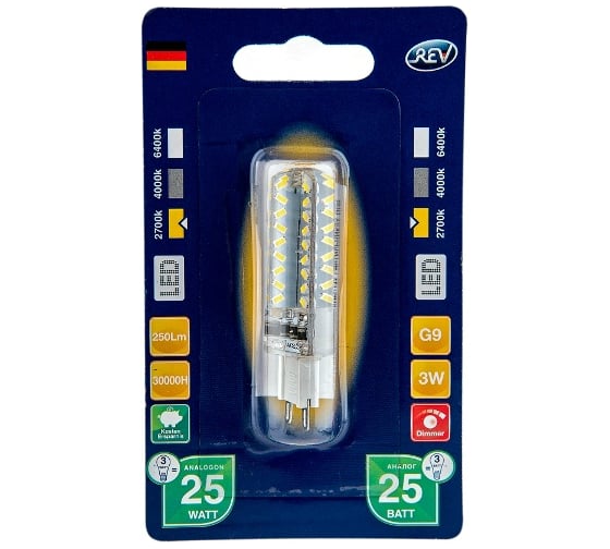 Светодиодная диммируемая лампа LED JCD G9 3W 250Лм, 2700K, теплый свет REV PREMIUM DIMMABLE 32382 2