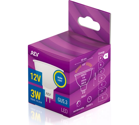 Светодиодная лампа REV, LED MR16 GU5.3 3W, 3000K, теплый свет, 12V 32369 3