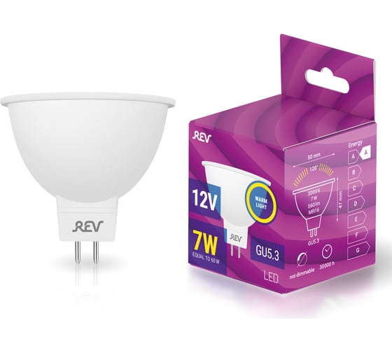 Светодиодная лампа REV, LED MR16 GU5.3 7W 560Лм, 3000K, теплый свет, 12V 32373 0