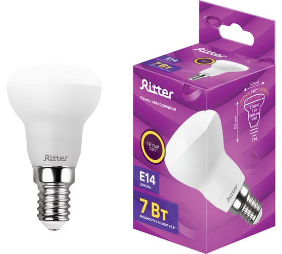 Лампа светодиодная RITTER LED R50 Е14 7W 600Лм, 2700K, теплый свет , 32363 1