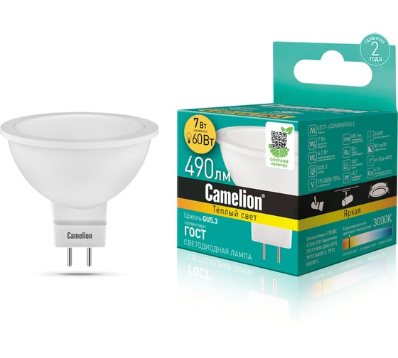 Светодиодная лампа 7Вт 220В Camelion LED7-JCDR/830/GU5.3 11656 1