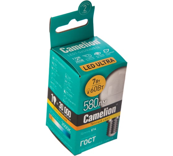 Светодиодная лампа 7Вт 220В Camelion LED7-G45/830/E14 12069