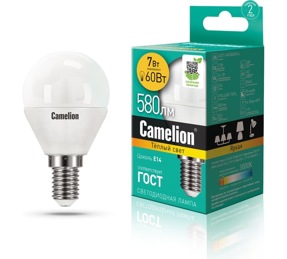Светодиодная лампа 7Вт 220В Camelion LED7-G45/830/E14 12069