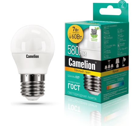 Светодиодная лампа 7Вт 220В Camelion LED7-G45/830/E27 12070