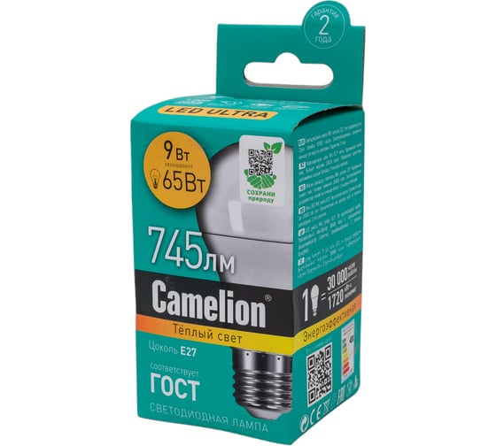 Светодиодная лампа 9Вт 220В Camelion LED 9-A60/830/E27 12043