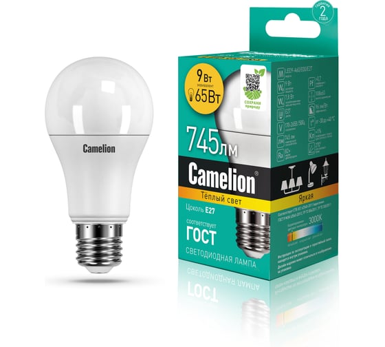 Светодиодная лампа 9Вт 220В Camelion LED 9-A60/830/E27 12043 1