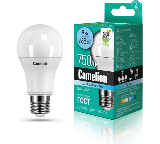 Светодиодная лампа 9Вт 220В Camelion LED 9-A60/845/E27 12044