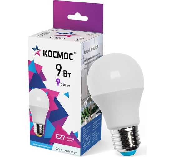 Светодиодная лампа КОСМОС A55 E27 9W 174-265V 6500K, LkecLED9wA55E2765
