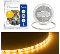 Cветодиодная LED лента FERON 60SMD(3528)/м, 4.8 Вт/м, 5м, IP65, 12V, желтый LS604 27674