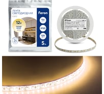 Cветодиодная LED лента FERON 120SMD(2835)/м, 9.6Вт/м, 5м, IP20, 12V, теплый белый LS612 27730 15594248