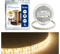 Cветодиодная LED лента FERON 240SMD(3528)/м, 19.2Вт/м, 5м, IP65, 12V, теплый белый LS615 27734