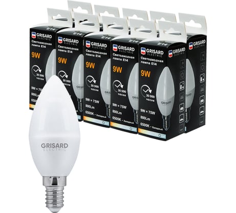 Светодиодная лампа Grisard Electric свеча С35 E14 9Вт 6500K (10 шт/уп) GRE-002-0098