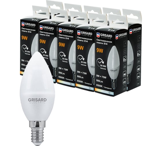 Светодиодная лампа Grisard Electric свеча С35 E14 9Вт 6500K (10 шт/уп) GRE-002-0098 1