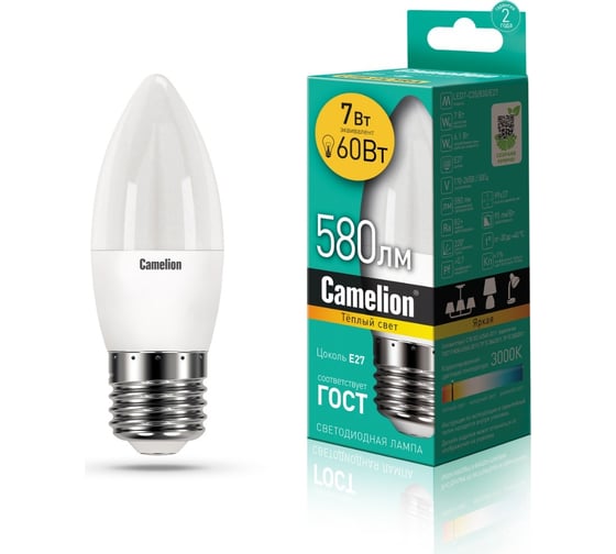 Светодиодная лампа Camelion LEDRB/7-C35/830/E27 (7Вт 220В, LED-M C37 7W 3000K E27) 15055 1