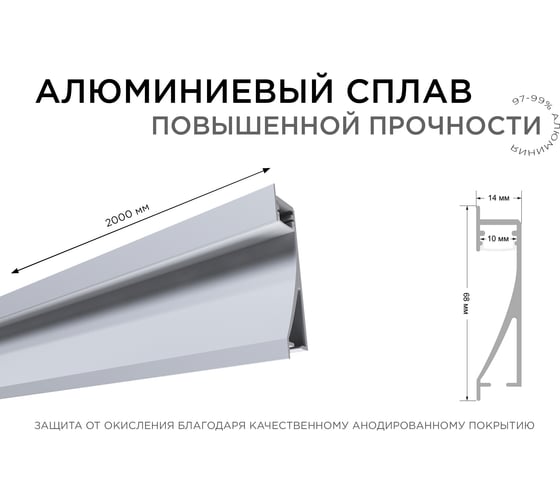 Алюминиевый профиль Apeyron для светодиодной ленты, встройка, серебро, 68x14мм, 2м, комплект 08-42