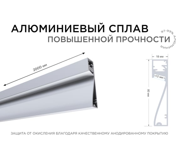 Алюминиевый профиль Apeyron для светодиодной ленты, наклад, серебро, 80x18мм, 2м, комплект 08-43