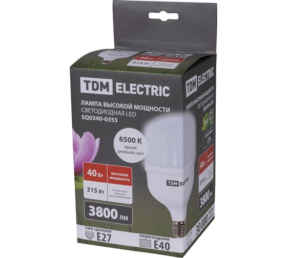 Светодиодная лампа TDM ELECTRIC T 40 Вт, 230 В, 6500 К, E27 (120x190 мм) SQ0340-0355