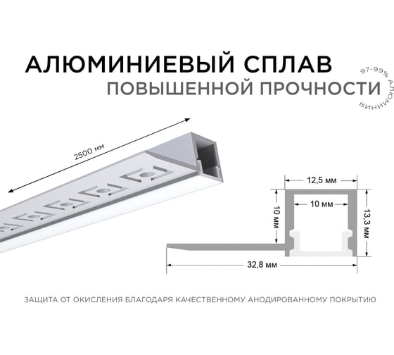 Алюминиевый профиль Apeyron для светодиодной ленты, штукатурка, серебро, 33x13мм, 2,5м, комплект 08-50