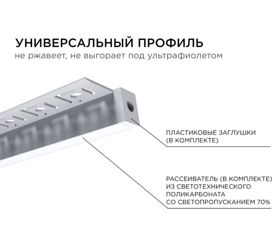 Алюминиевый профиль Apeyron для светодиодной ленты, под гипсокартон и плитку, серебро, 32x13мм, комплект 08-52