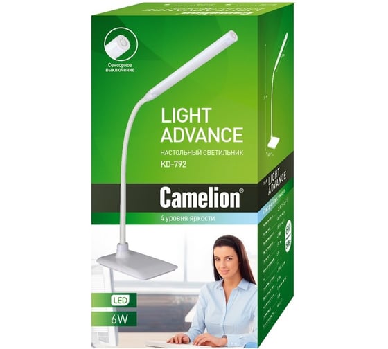 Настольный светильник, белый, LED, 6Вт, 230В, сенсорное включение, 4 уровня яркости, 4000К Camelion KD-792 C01 12488